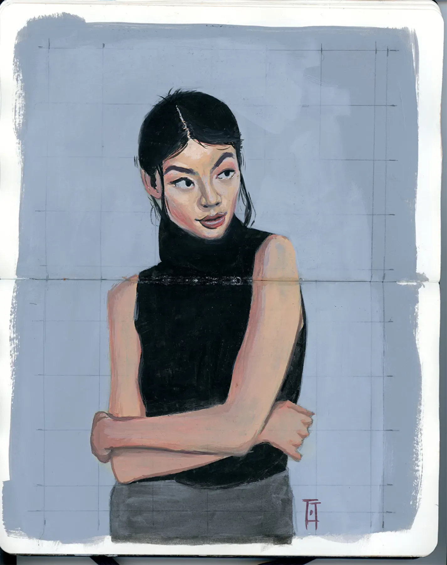 Painted sketchbook portrait of a woman in a black sleeveless turtleneck, arms folded.