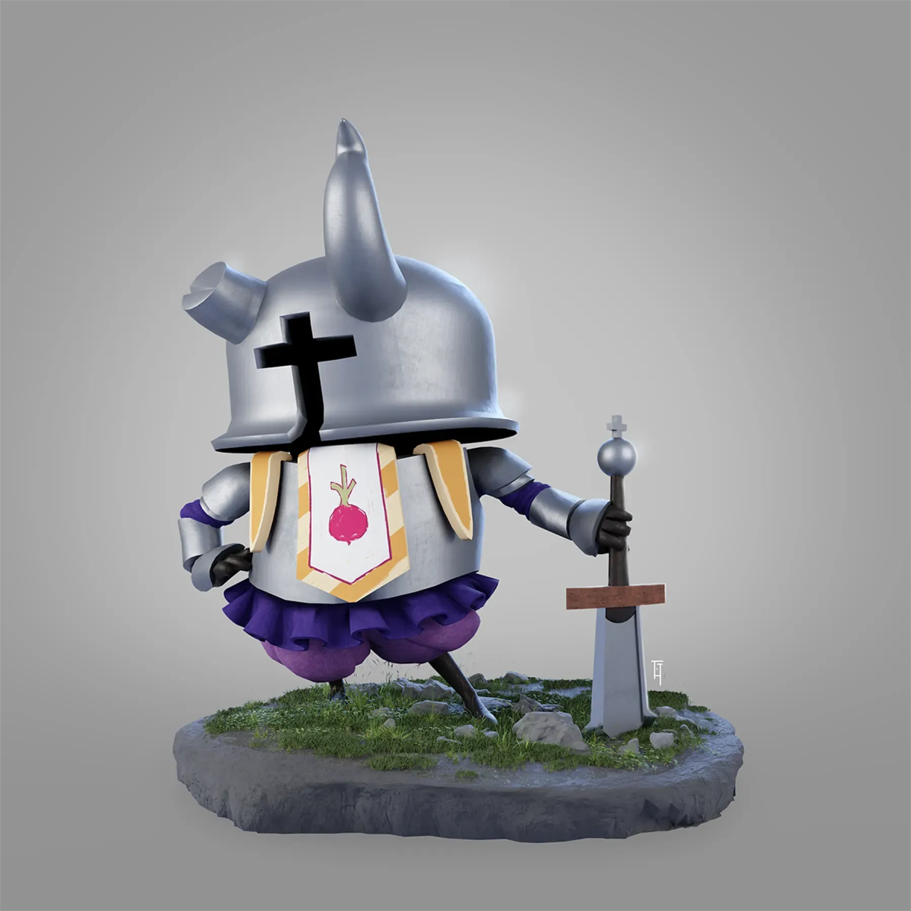 Radish Knight: a stylised 3D character in plate armour with a radish crest, resting on a sword.