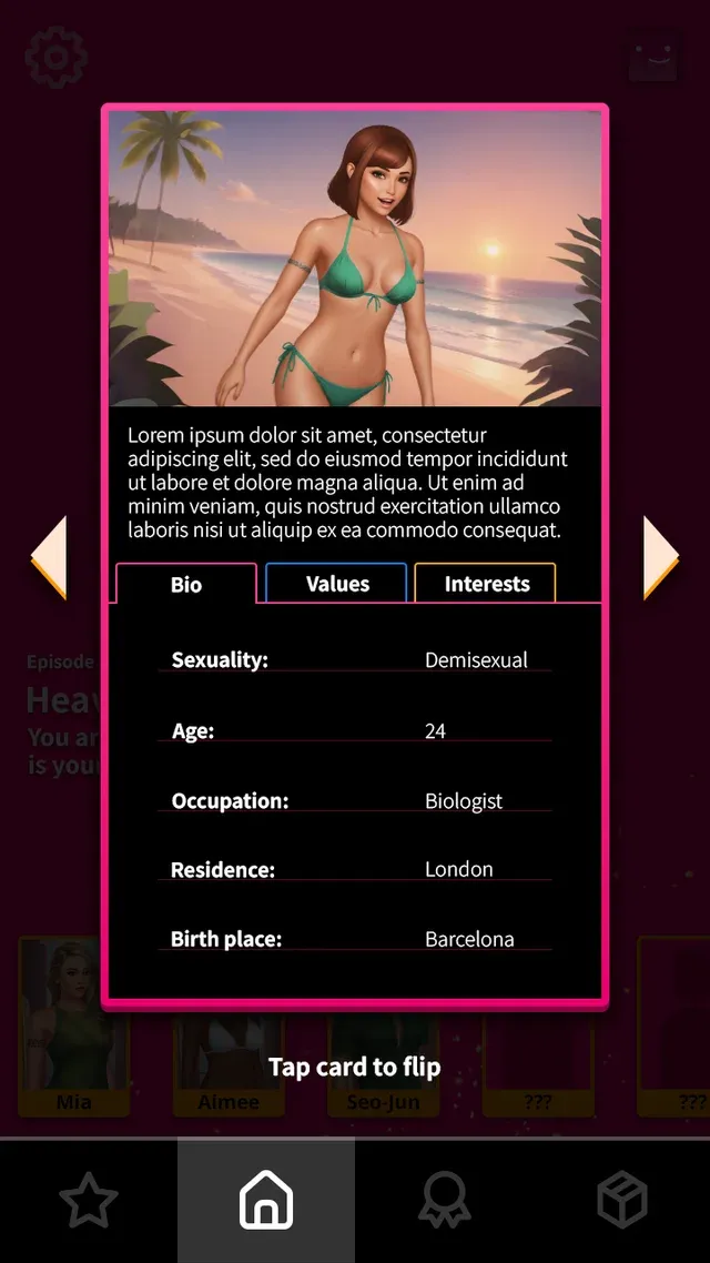 A character card with Bio, Values and Interests tabs
