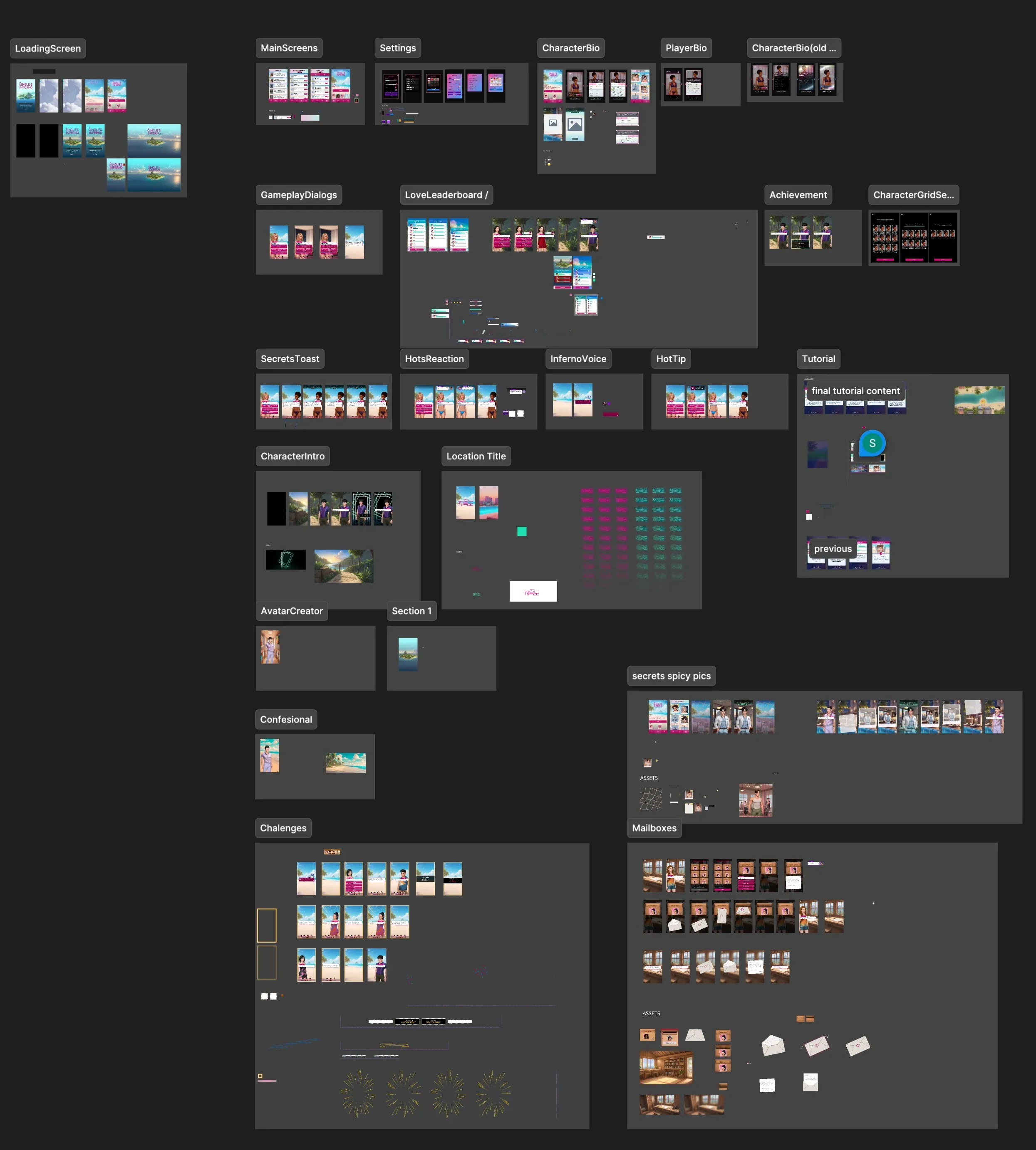 The Singles Inferno UI board in Figma, every feature of the game laid out as groups of phone screens