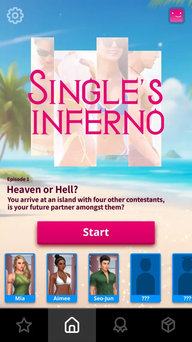 Singles Inferno home: the episode card, a Start button and the cast below