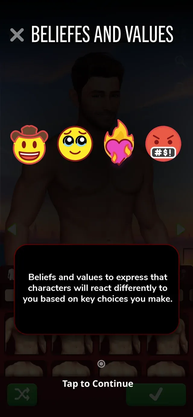 Tutorial card: beliefs and values change how characters react to you