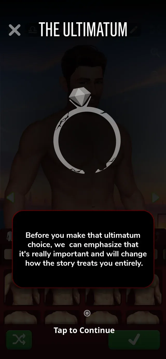 Tutorial card: the ultimatum choice changes how the story treats you